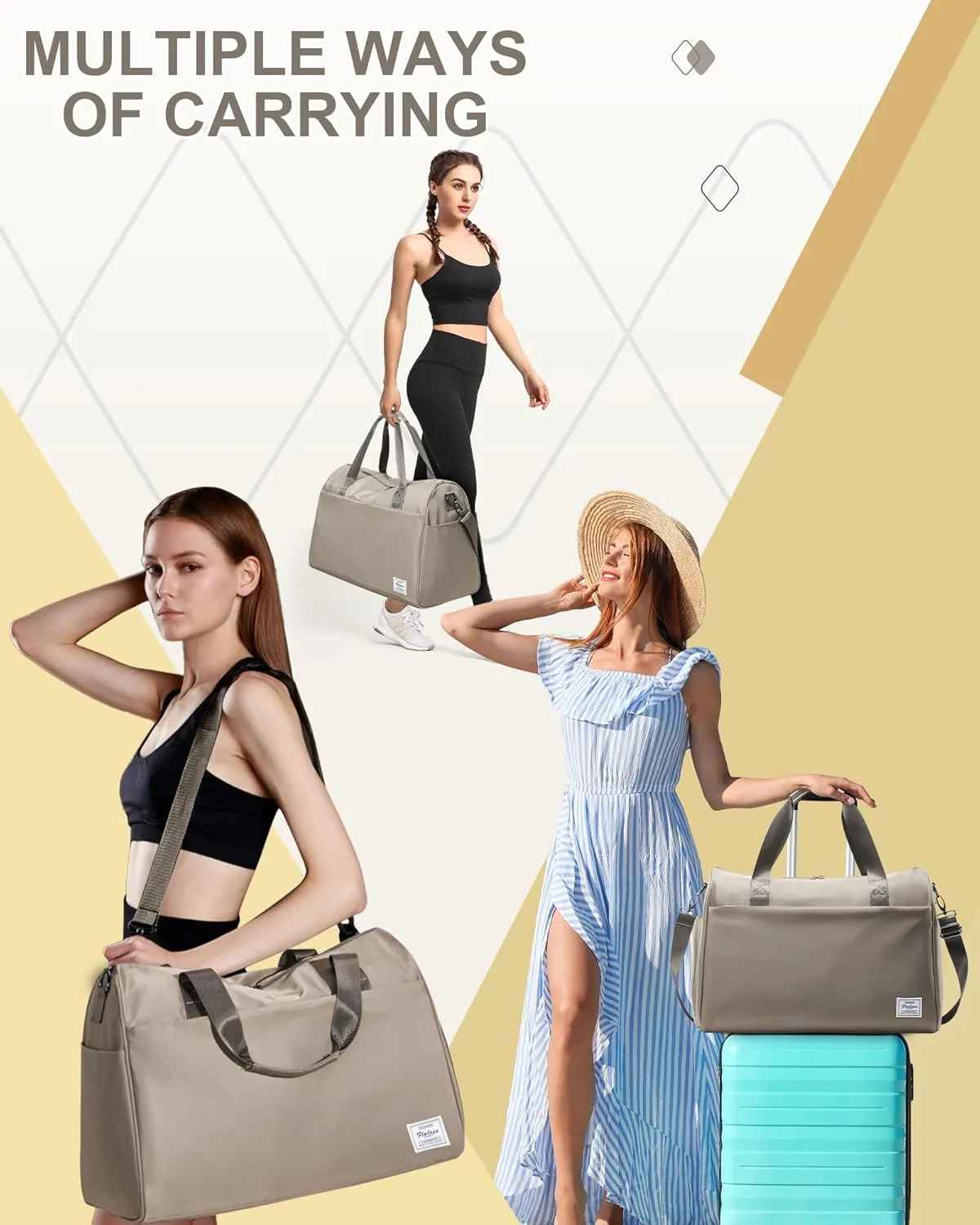 Travel Duffel Bags for Women Mens, Weekender Bag with Shoe Compartment Carry on Overnight Bag with Laptop Compartment Personal Item Travel Bag Gym Bag Hospital Bag Khaki