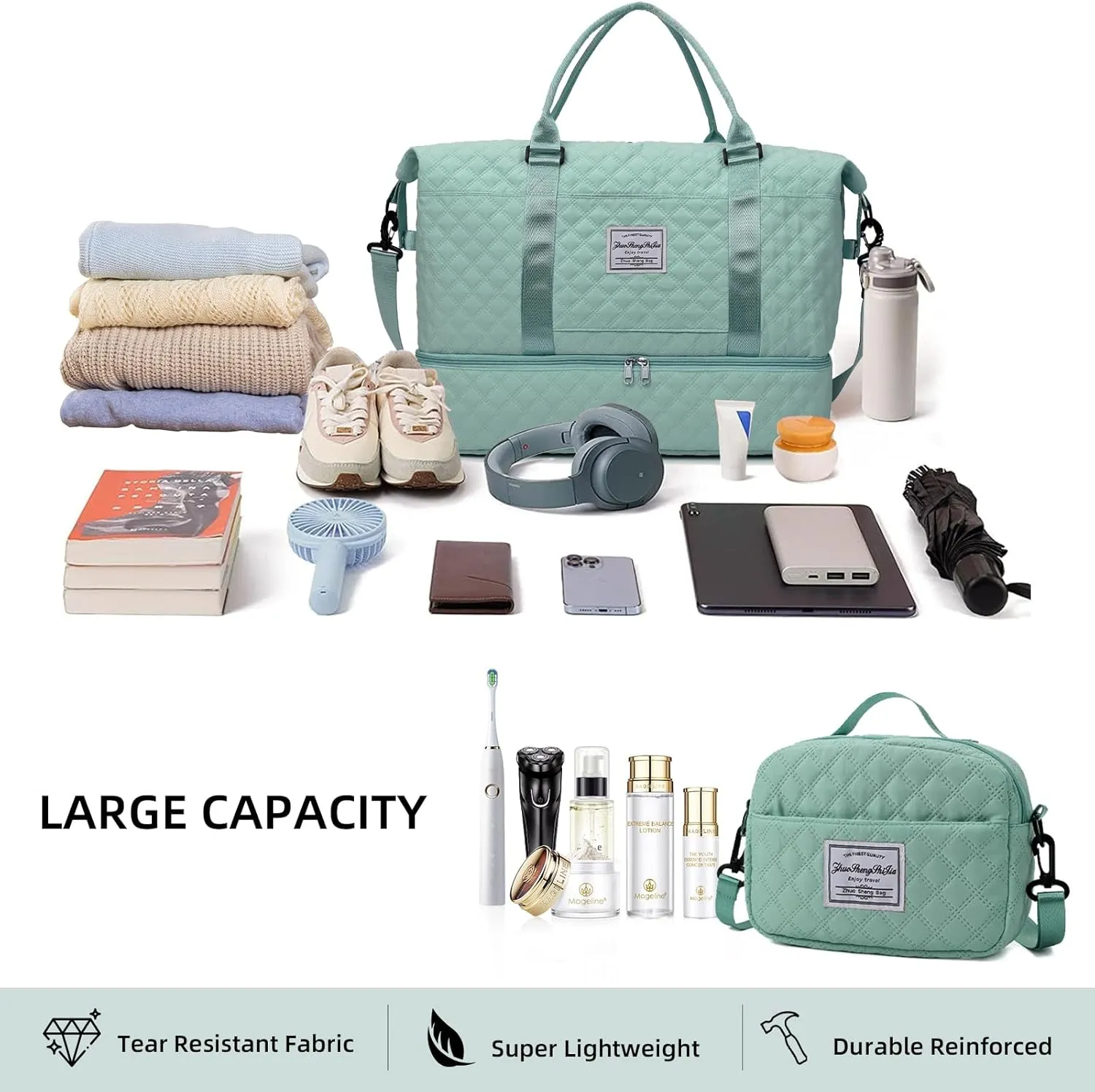 Travel Duffel Bags for Women Weekender Carry on Overnight Bag with Shoe Compartment Quilted Weekend Tote Bag Yoga Gym Duffle Bag for Airplane Hospital Bag for Women Labor Delivery Green
