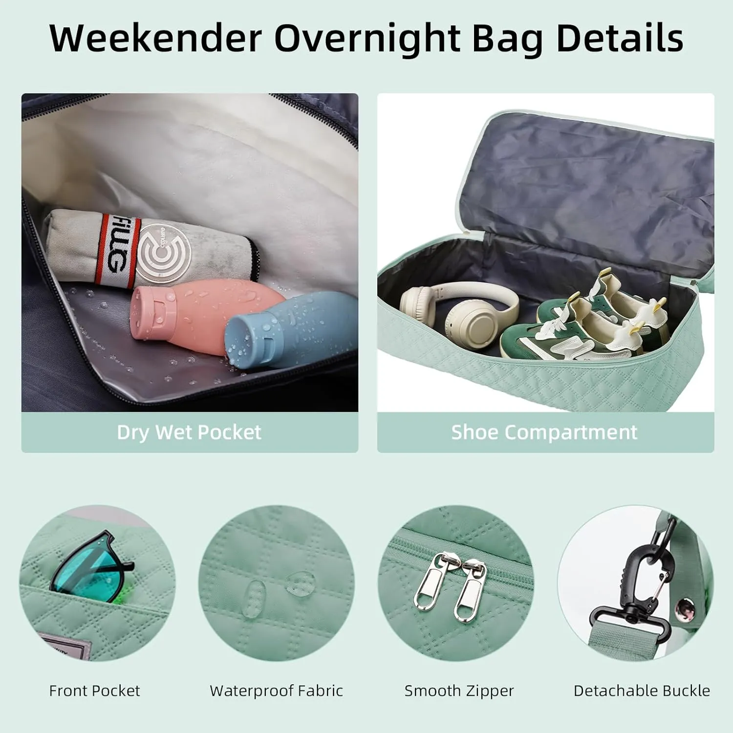 Travel Duffel Bags for Women Weekender Carry on Overnight Bag with Shoe Compartment Quilted Weekend Tote Bag Yoga Gym Duffle Bag for Airplane Hospital Bag for Women Labor Delivery Green