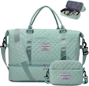 Travel Duffel Bags for Women Weekender Carry on Overnight Bag with Shoe Compartment Quilted Weekend Tote Bag Yoga Gym Duffle Bag for Airplane Hospital Bag for Women Labor Delivery Green