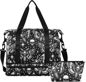Travel Duffel Tote Bag Digital Skull Head Moth Sports Duffel Bag with Wet Pocket Weekender Overnight Bag for Women Men Gym Bag, Carry On Bag Hospital Bag for Labor and Delivery