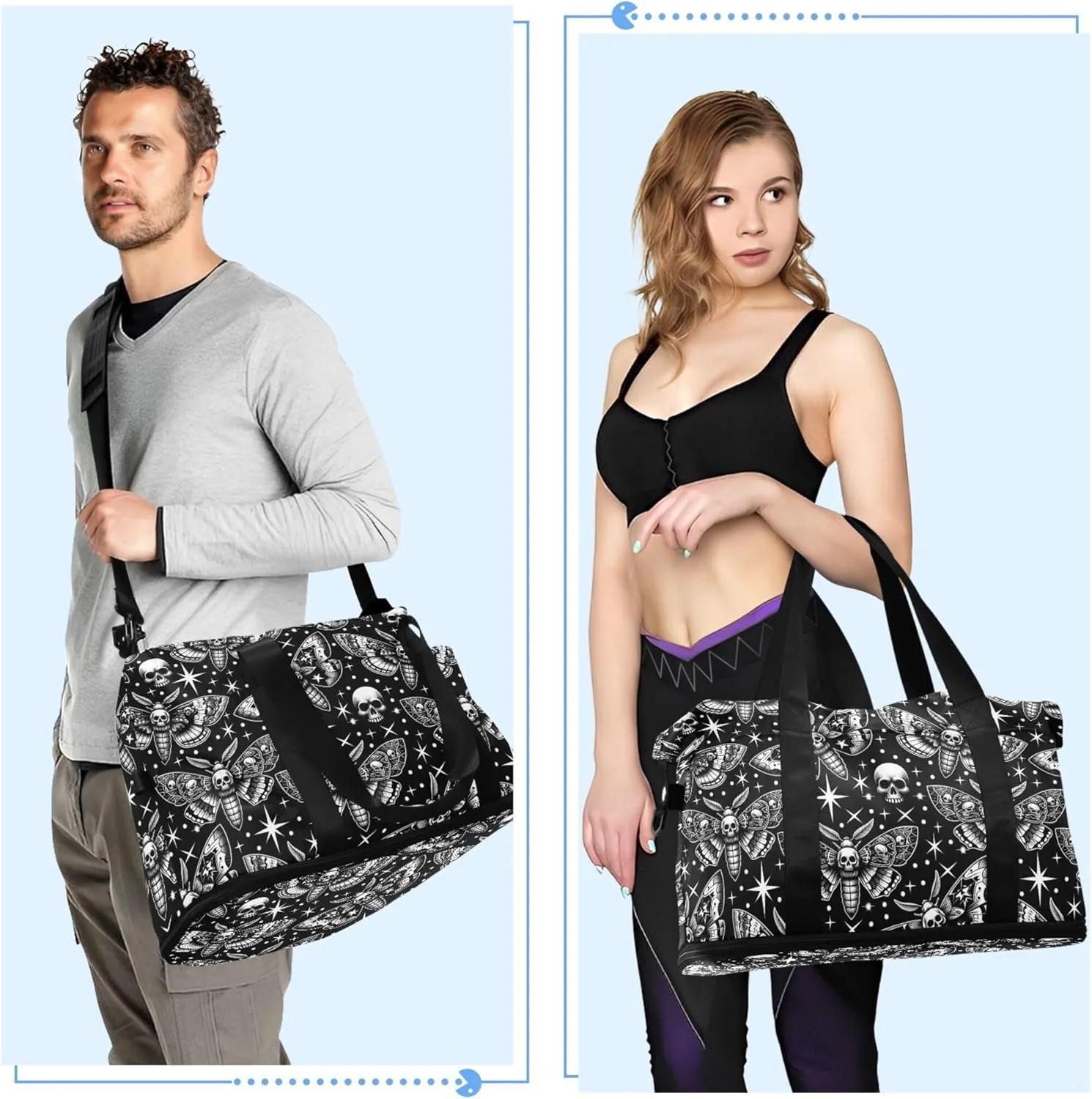 Travel Duffel Tote Bag Digital Skull Head Moth Sports Duffel Bag with Wet Pocket Weekender Overnight Bag for Women Men Gym Bag, Carry On Bag Hospital Bag for Labor and Delivery