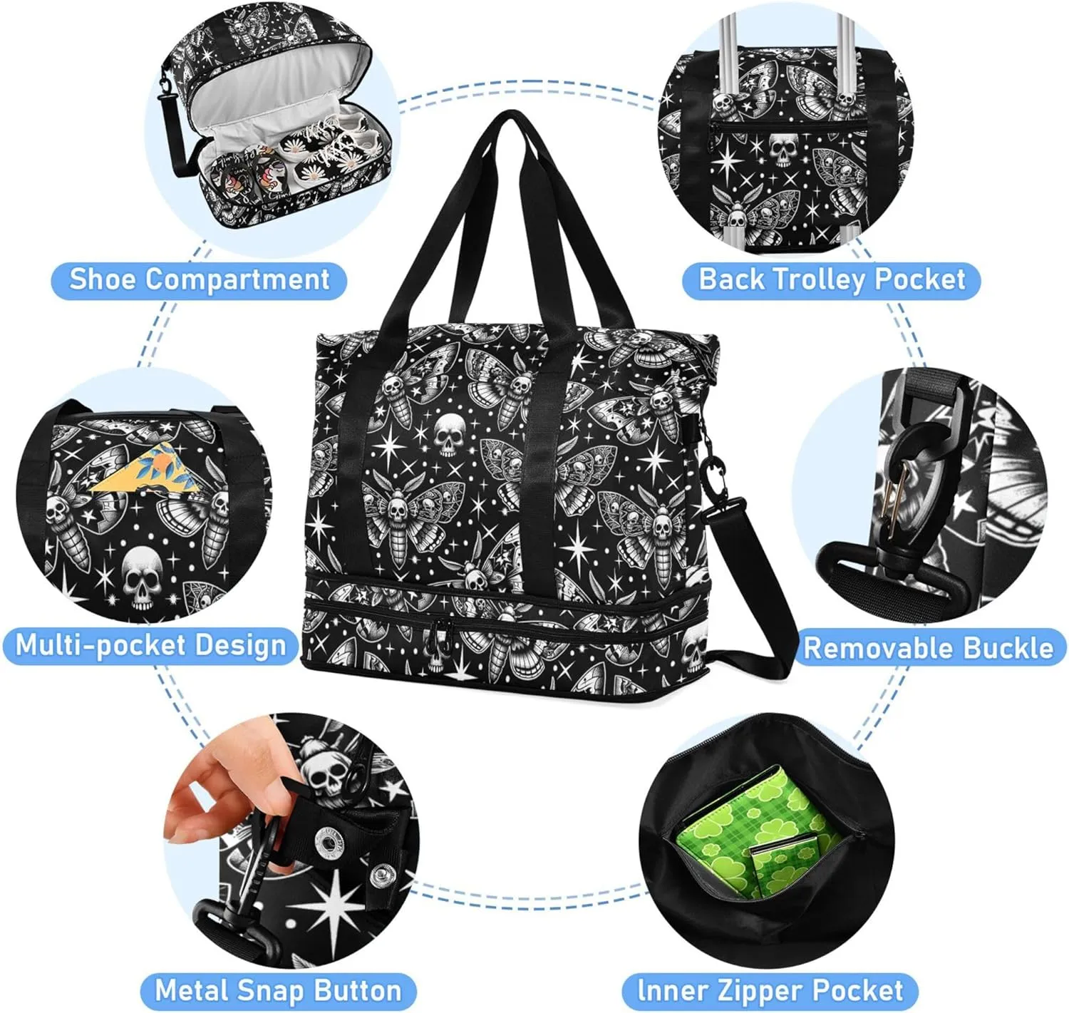 Travel Duffel Tote Bag Digital Skull Head Moth Sports Duffel Bag with Wet Pocket Weekender Overnight Bag for Women Men Gym Bag, Carry On Bag Hospital Bag for Labor and Delivery