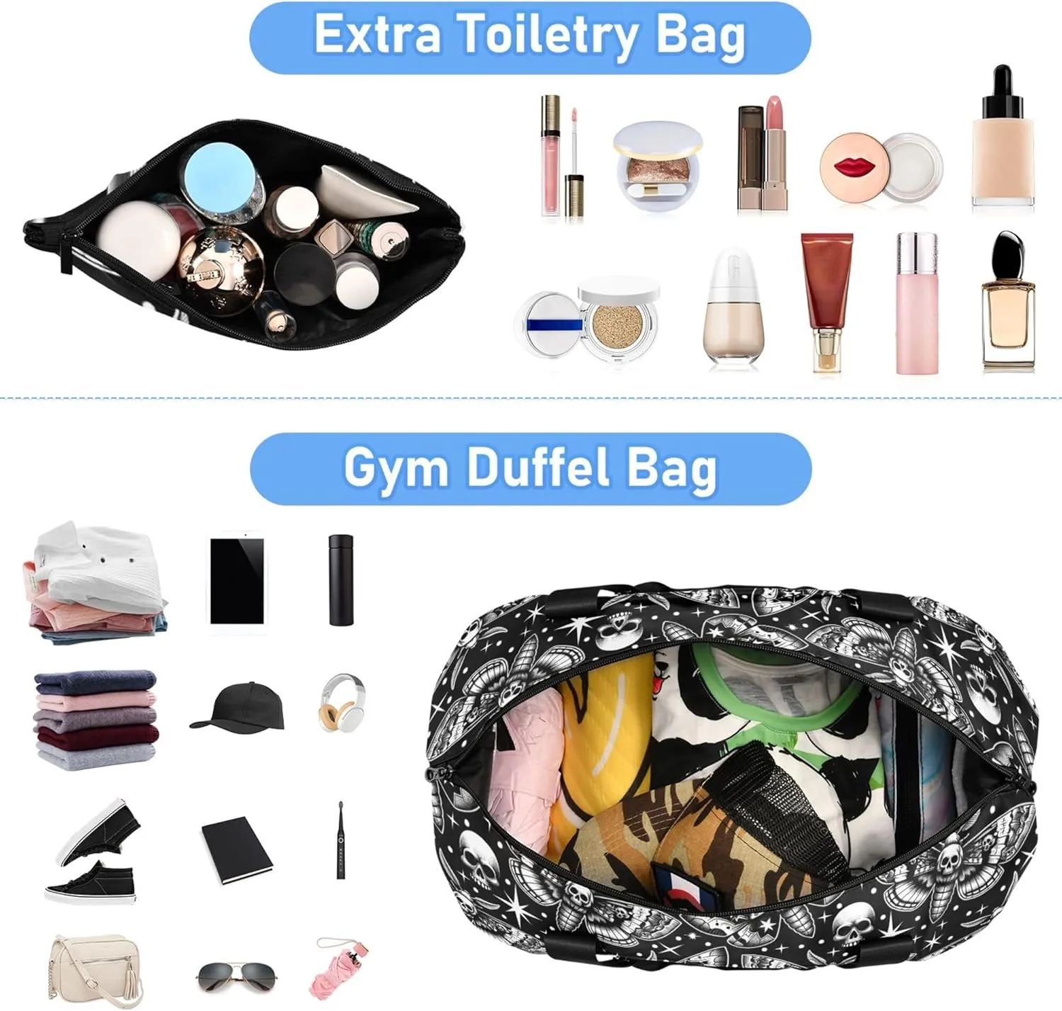 Travel Duffel Tote Bag Digital Skull Head Moth Sports Duffel Bag with Wet Pocket Weekender Overnight Bag for Women Men Gym Bag, Carry On Bag Hospital Bag for Labor and Delivery