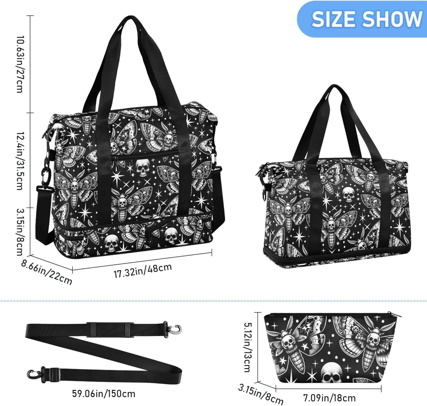 Travel Duffel Tote Bag Digital Skull Head Moth Sports Duffel Bag with Wet Pocket Weekender Overnight Bag for Women Men Gym Bag, Carry On Bag Hospital Bag for Labor and Delivery