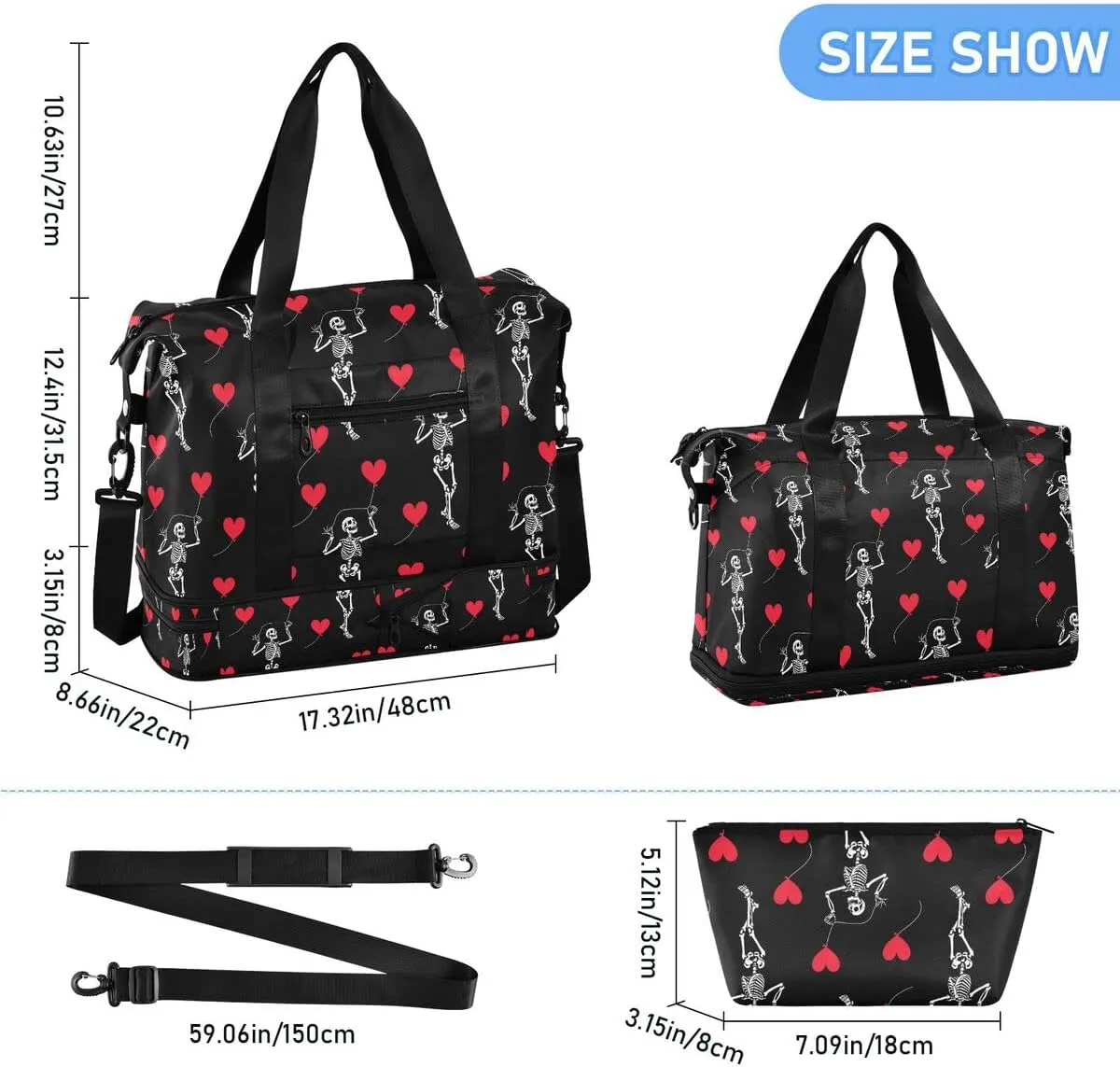 Travel Duffel Tote Bag Romantic Skull Gothic Sports Duffel Bag with Wet Pocket Weekender Overnight Bag for Women Men Gym Bag, Carry On Bag Hospital Bag for Labor and Delivery