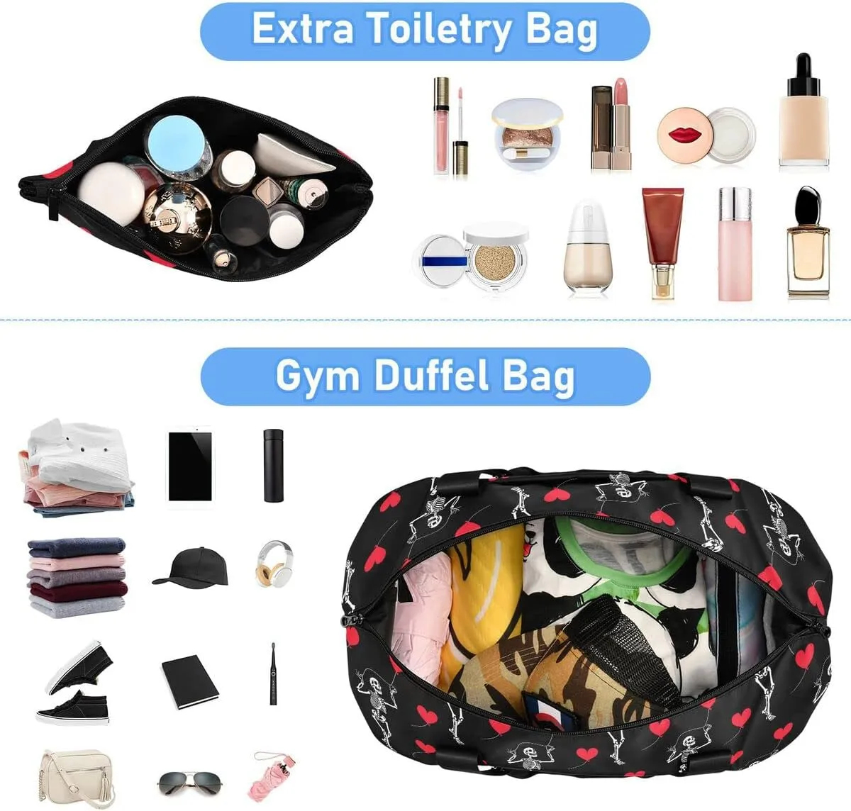 Travel Duffel Tote Bag Romantic Skull Gothic Sports Duffel Bag with Wet Pocket Weekender Overnight Bag for Women Men Gym Bag, Carry On Bag Hospital Bag for Labor and Delivery