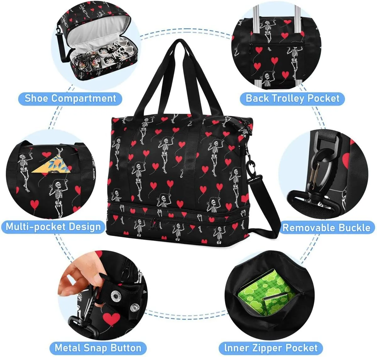Travel Duffel Tote Bag Romantic Skull Gothic Sports Duffel Bag with Wet Pocket Weekender Overnight Bag for Women Men Gym Bag, Carry On Bag Hospital Bag for Labor and Delivery