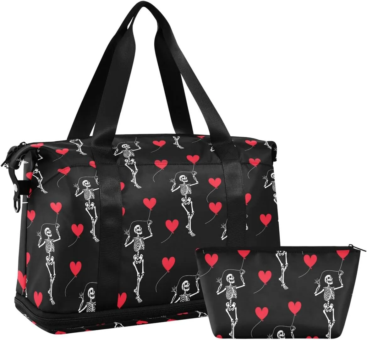 Travel Duffel Tote Bag Romantic Skull Gothic Sports Duffel Bag with Wet Pocket Weekender Overnight Bag for Women Men Gym Bag, Carry On Bag Hospital Bag for Labor and Delivery