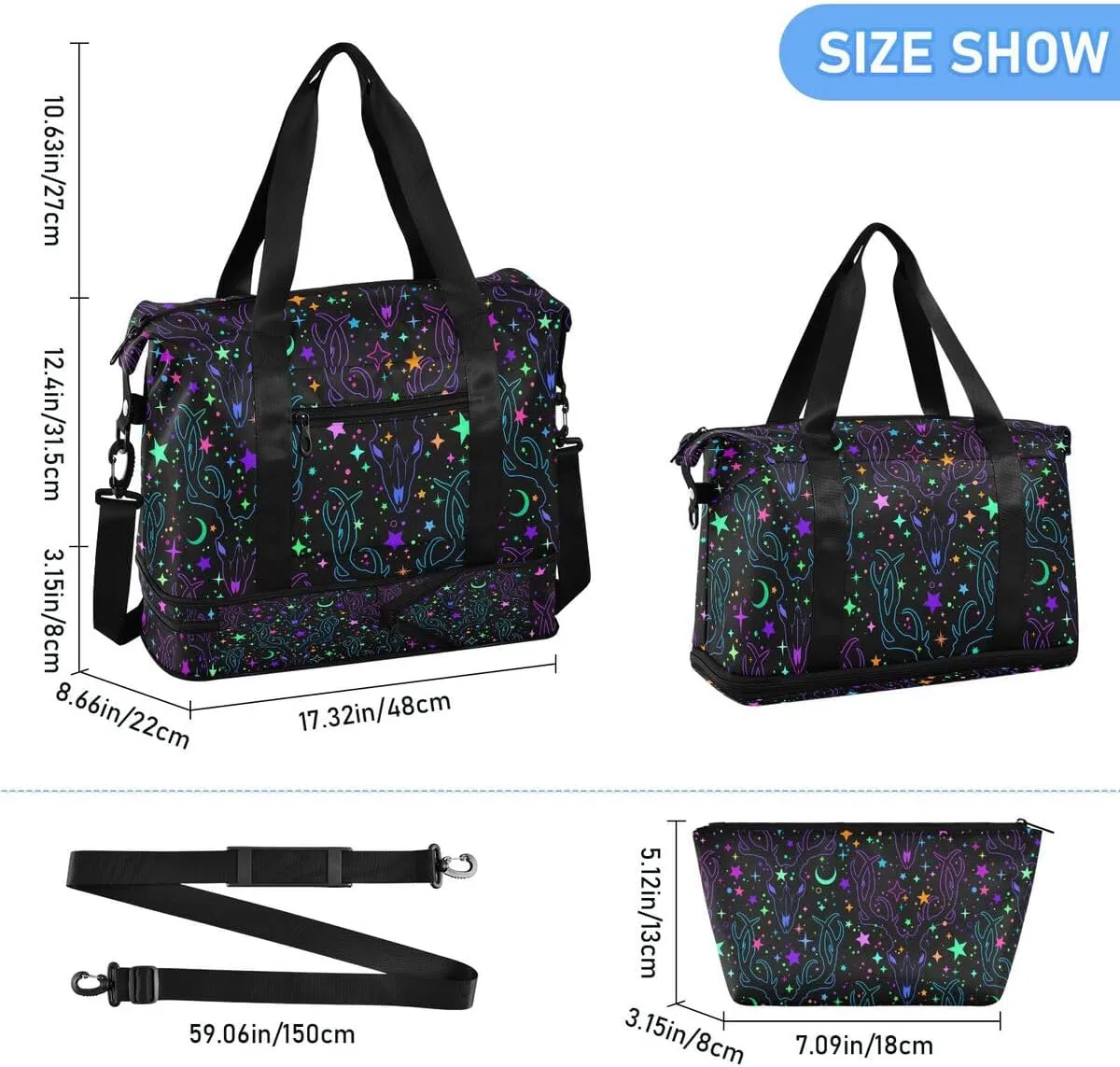 Travel Duffel Tote Rainbow Stars Deer Skulls Withery Sports Bag With Wet Pocket - Weekender Overnight for Women Men Gym, Carry On, Hospital for Labor and Delivery