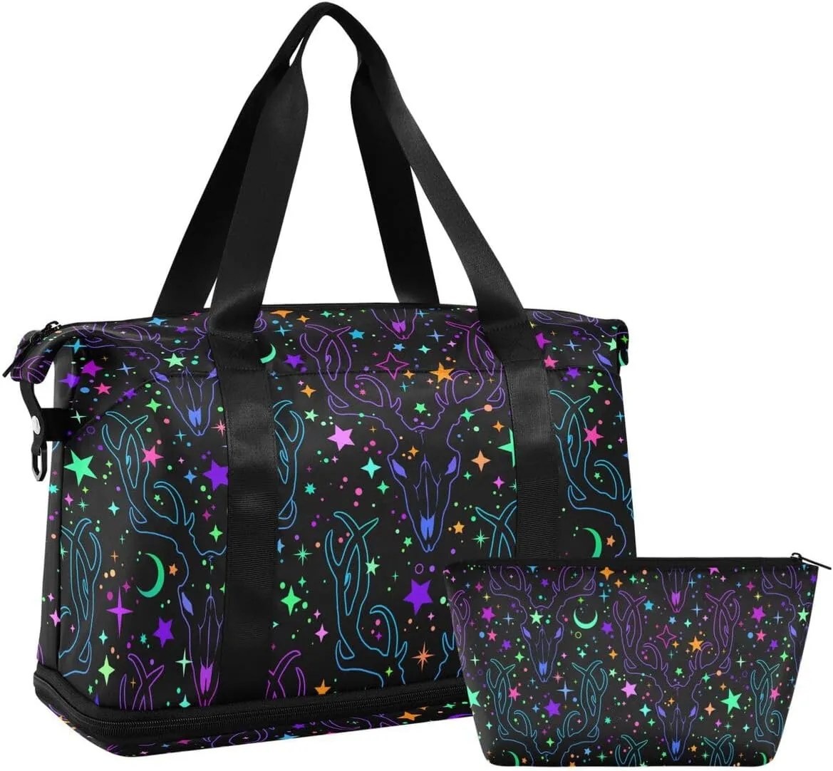 Travel Duffel Tote Rainbow Stars Deer Skulls Withery Sports Bag With Wet Pocket - Weekender Overnight for Women Men Gym, Carry On, Hospital for Labor and Delivery