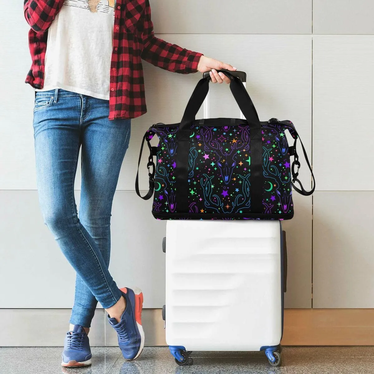 Travel Duffel Tote Rainbow Stars Deer Skulls Withery Sports Bag With Wet Pocket - Weekender Overnight for Women Men Gym, Carry On, Hospital for Labor and Delivery