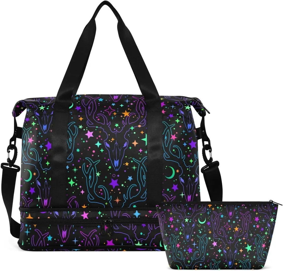 Travel Duffel Tote Rainbow Stars Deer Skulls Withery Sports Bag With Wet Pocket - Weekender Overnight for Women Men Gym, Carry On, Hospital for Labor and Delivery