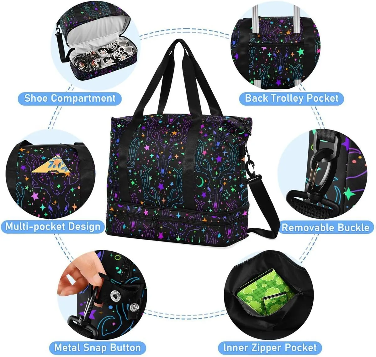 Travel Duffel Tote Rainbow Stars Deer Skulls Withery Sports Bag With Wet Pocket - Weekender Overnight for Women Men Gym, Carry On, Hospital for Labor and Delivery