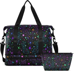 Travel Duffel Tote Rainbow Stars Deer Skulls Withery Sports Bag With Wet Pocket - Weekender Overnight for Women Men Gym, Carry On, Hospital for Labor and Delivery