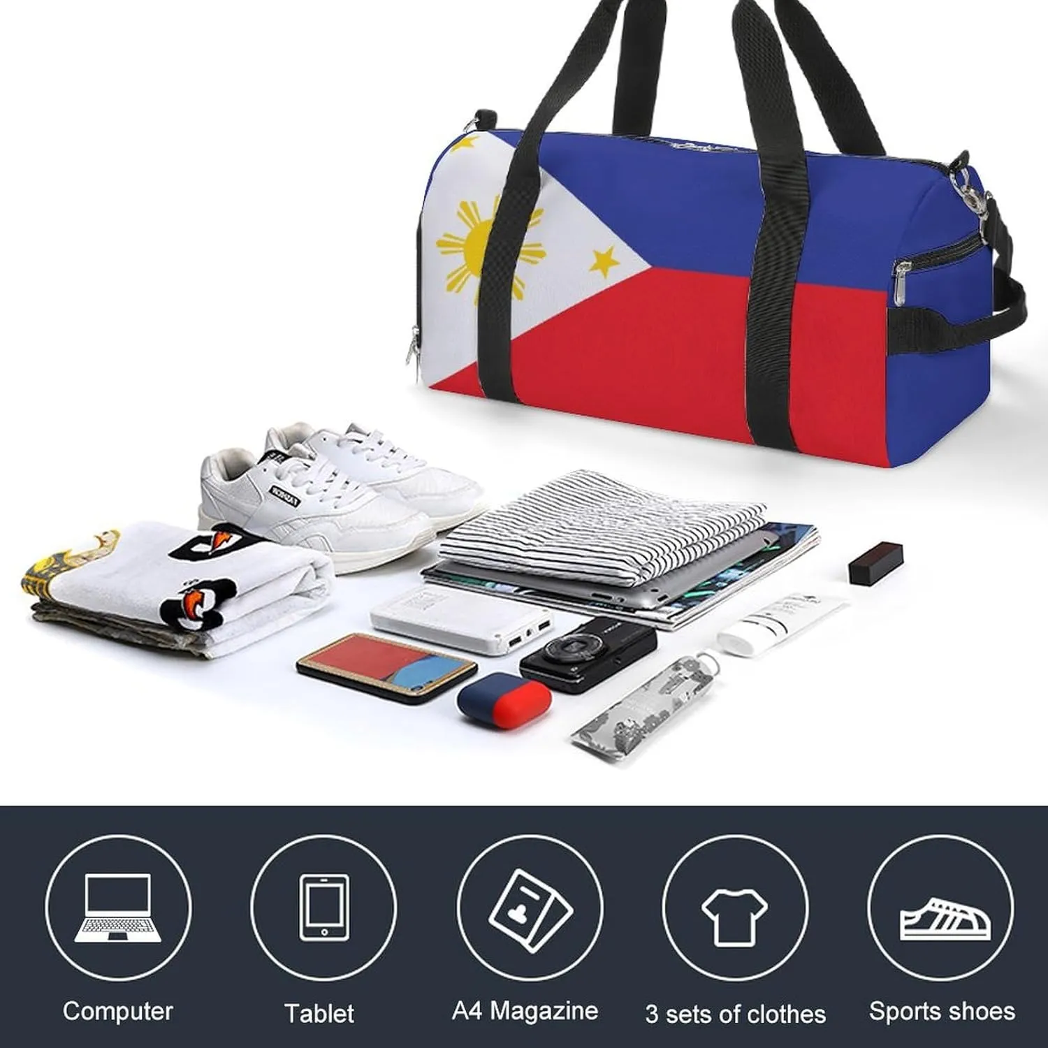 Travel Duffel with Philippines Flag for Men Women Shoe Compartment Sports Bag