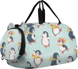 Travel Duffle Bag for Kids Boys Girls Penguin Blue Sports Bag Overnighter Duffle Sleepover Weekender with Shoes Compartment