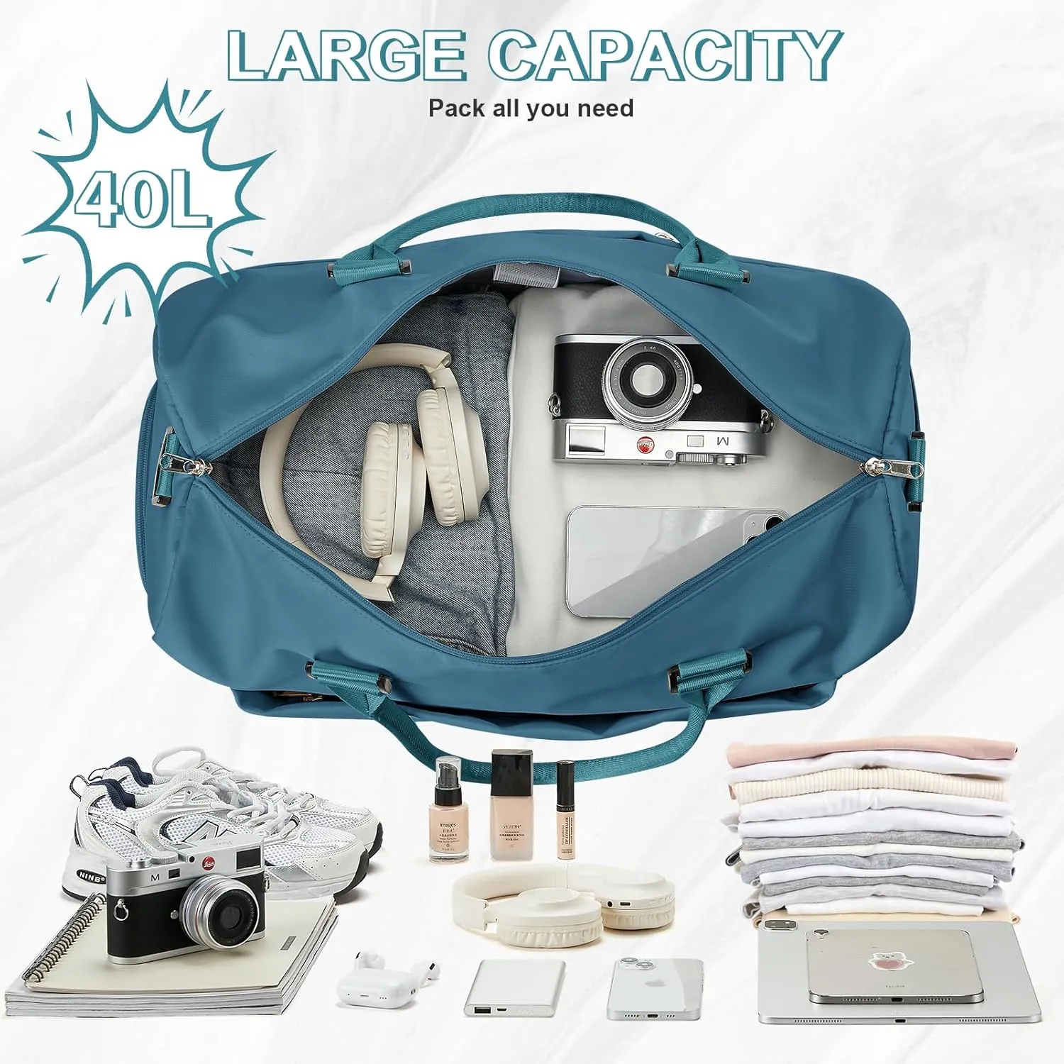 Travel Duffle Bag - Weekender with Shoes Compartment and Wet Pocket - Waterproof Overnight and Carry On Bag - Tote Hospital Holdall Luggage