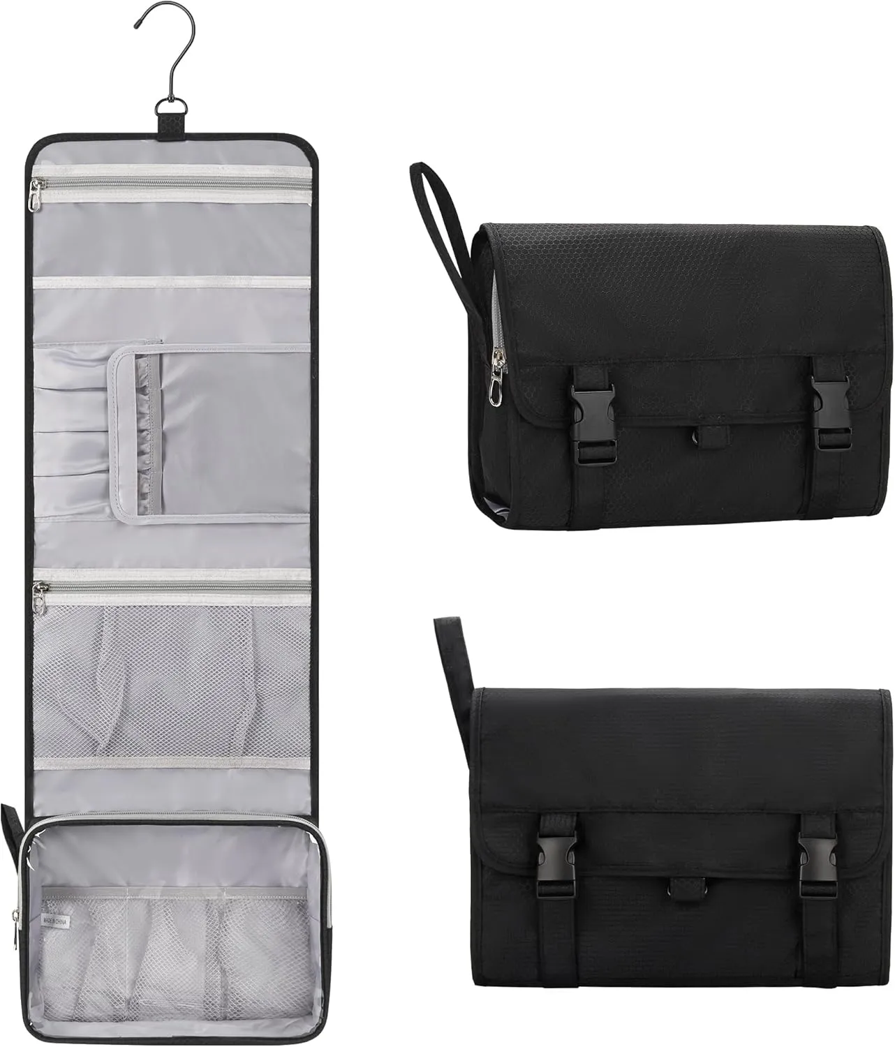 Travel Hanging Toiletry Bag with Makeup Brush Board, Portable Toiletries Bag with Hanging Hook, Water Resistant Wash Bag, Makeup Organizer with Cosmetics for Full Sized Travel Essentials - Black