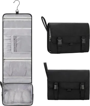 Travel Hanging Toiletry Bag with Makeup Brush Board, Portable Toiletries Bag with Hanging Hook, Water Resistant Wash Bag, Makeup Organizer with Cosmetics for Full Sized Travel Essentials - Black
