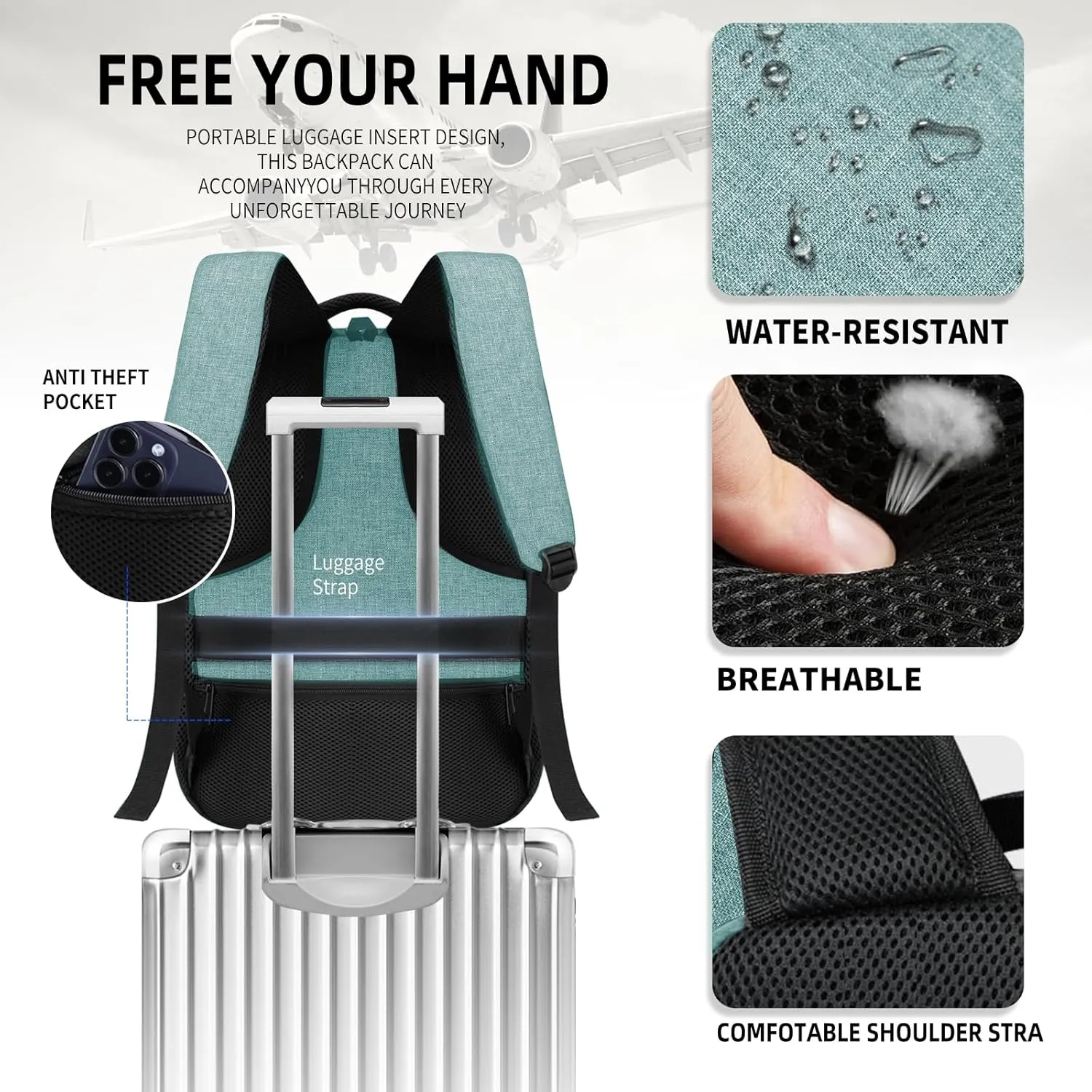 Travel Laptop Backpack for Men Women, School Backpack for Boys Girls Teens, 15.6 Inch Work Business Backpack with USB Charging Port, Water Resistant College Computer Bookbag Mochilas, Cyan