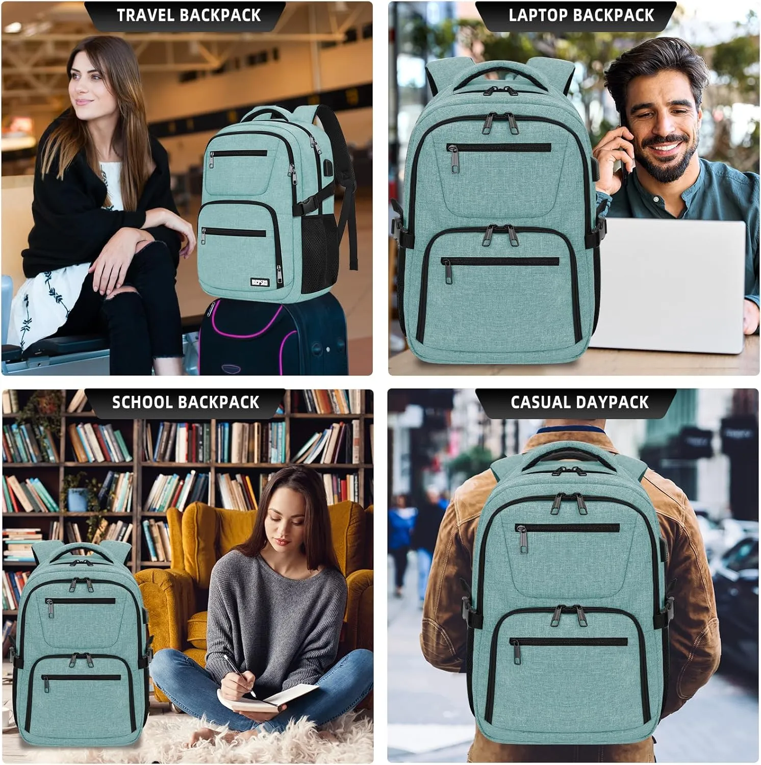 Travel Laptop Backpack for Men Women, School Backpack for Boys Girls Teens, 15.6 Inch Work Business Backpack with USB Charging Port, Water Resistant College Computer Bookbag Mochilas, Cyan