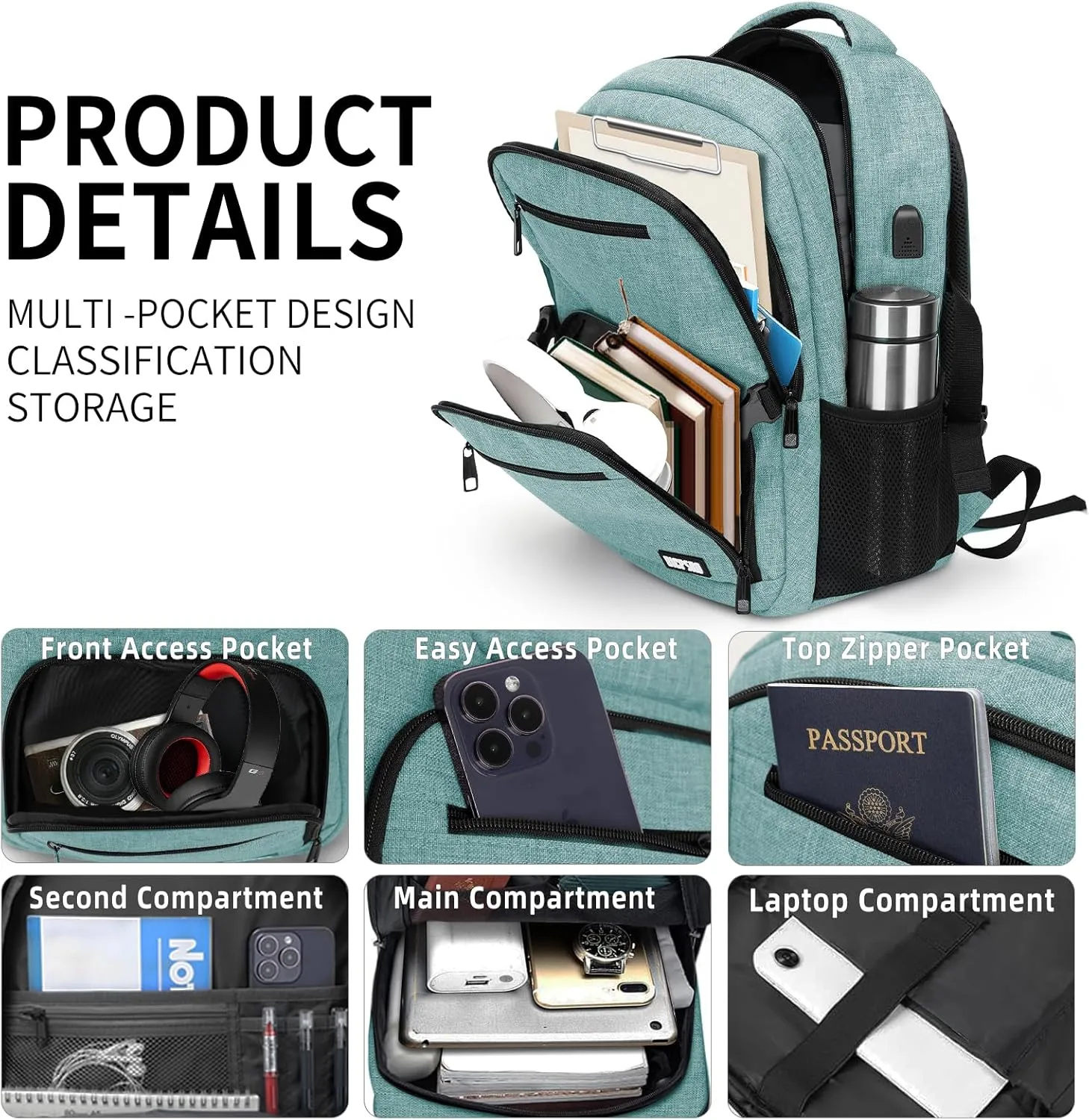 Travel Laptop Backpack for Men Women, School Backpack for Boys Girls Teens, 15.6 Inch Work Business Backpack with USB Charging Port, Water Resistant College Computer Bookbag Mochilas, Cyan