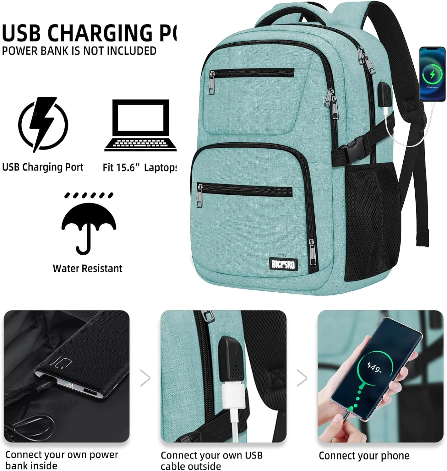 Travel Laptop Backpack for Men Women, School Backpack for Boys Girls Teens, 15.6 Inch Work Business Backpack with USB Charging Port, Water Resistant College Computer Bookbag Mochilas, Cyan