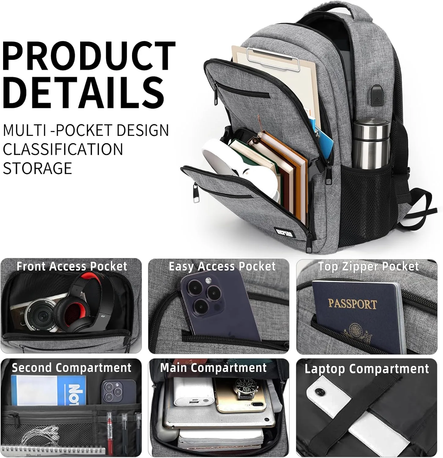 Travel Laptop Backpack for Men Women, School Backpack for Boys Girls Teens, 15.6 Inch Work Business Backpack with USB Charging Port, Water Resistant College Computer Bookbag Mochilas, Grey