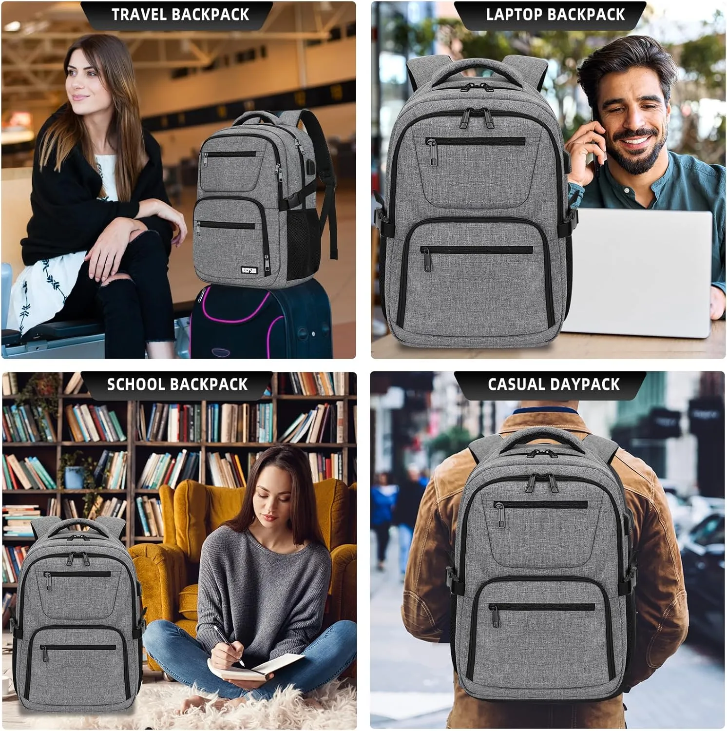 Travel Laptop Backpack for Men Women, School Backpack for Boys Girls Teens, 15.6 Inch Work Business Backpack with USB Charging Port, Water Resistant College Computer Bookbag Mochilas, Grey