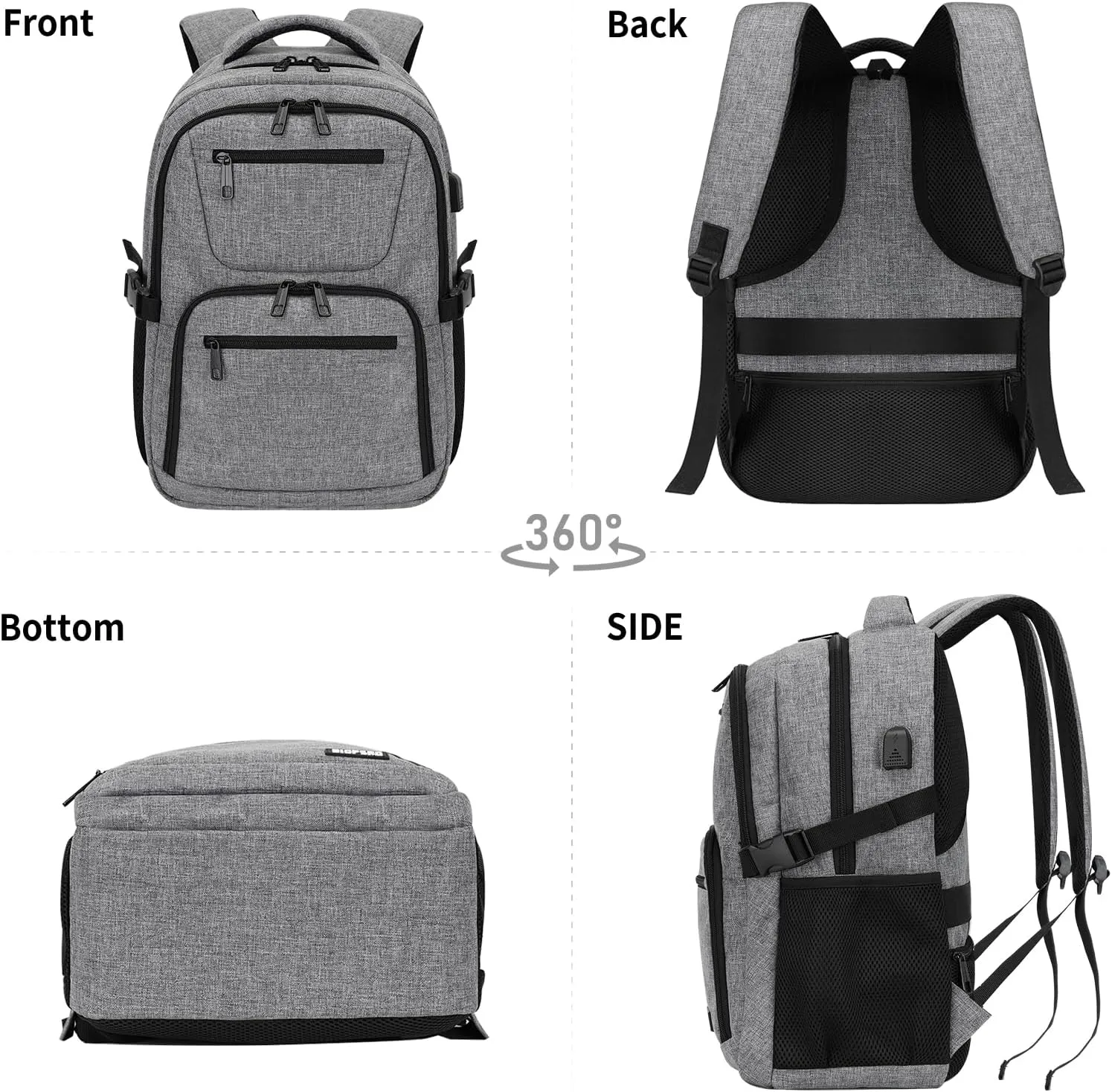 Travel Laptop Backpack for Men Women, School Backpack for Boys Girls Teens, 15.6 Inch Work Business Backpack with USB Charging Port, Water Resistant College Computer Bookbag Mochilas, Grey