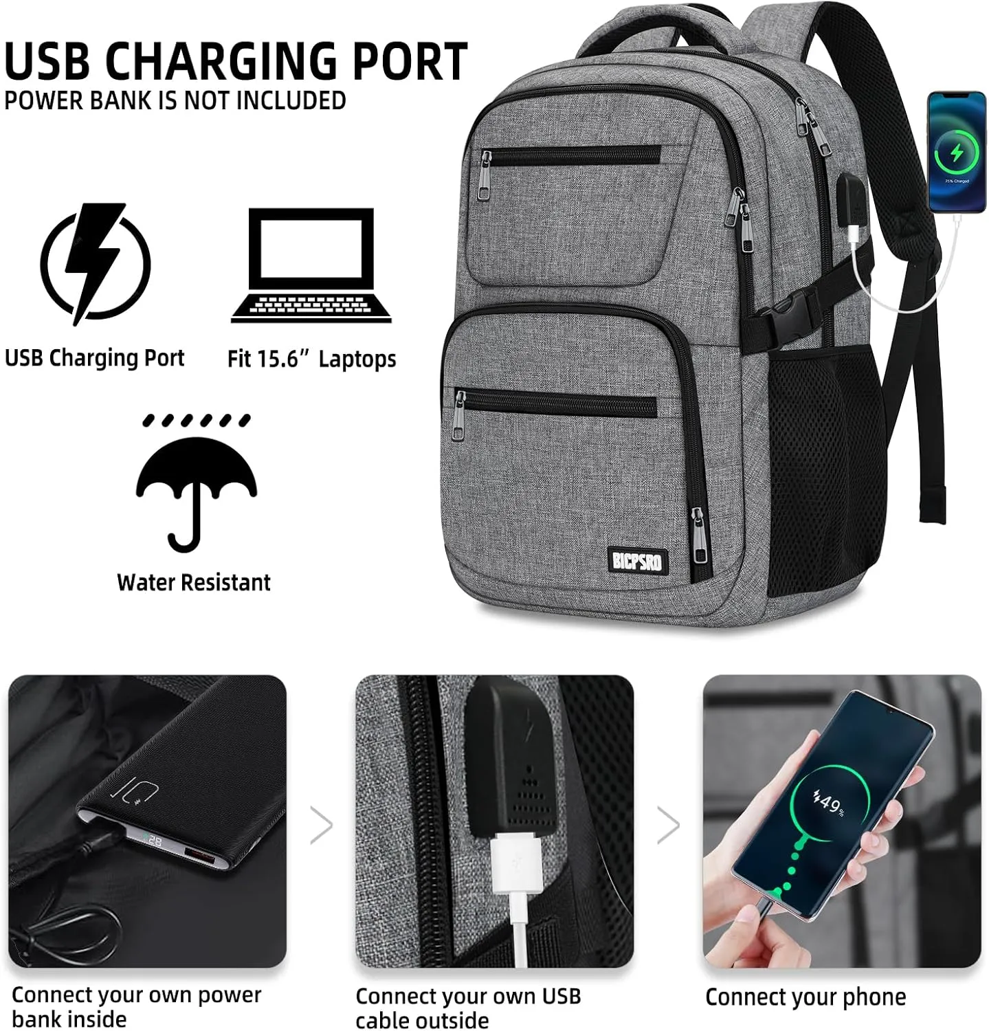 Travel Laptop Backpack for Men Women, School Backpack for Boys Girls Teens, 15.6 Inch Work Business Backpack with USB Charging Port, Water Resistant College Computer Bookbag Mochilas, Grey