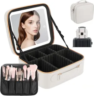 Travel Makeup Bag with LED Mirror, Cosmetic Bags for Women with Light up Mirror, Travel Essentials Makeup Organizer, Makeup Case with Adjustable Dividers and Brush Holder, 3 Color Lights