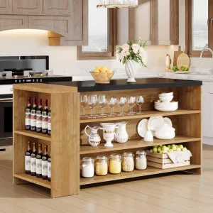 Tribesigns 55" Kitchen Island with Storage, Farmhouse 5-Tier Stationary Island Table with 5 Shelves, Wood Coffee Bar Table Storage Cabinet with Large Countertop for Kitchen, Vintage Brown