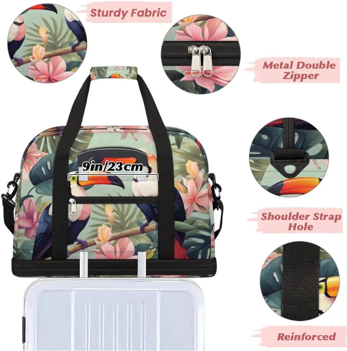 Tropical Birds Toucans Foldable Travel Duffel Bag Overnight Weekender Bag with Shoes Compartment Sports Gym Bag for Men Women