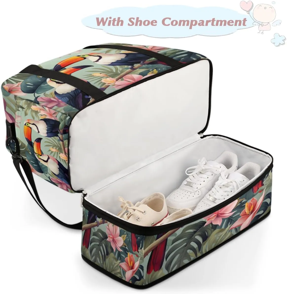 Tropical Birds Toucans Foldable Travel Duffel Bag Overnight Weekender Bag with Shoes Compartment Sports Gym Bag for Men Women