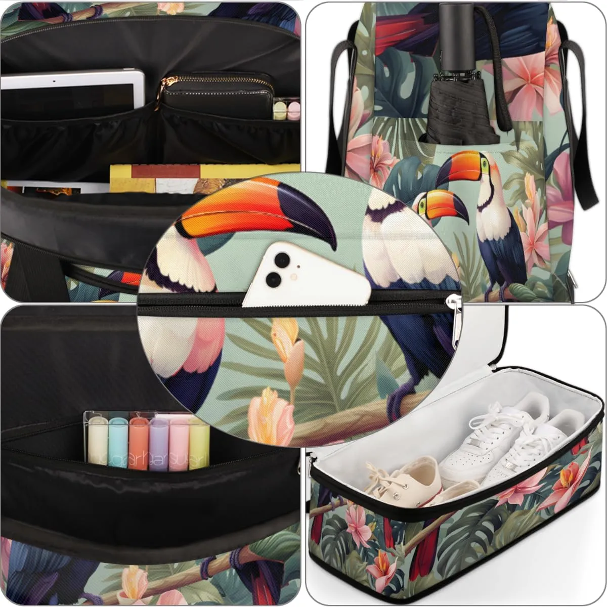 Tropical Birds Toucans Foldable Travel Duffel Bag Overnight Weekender Bag with Shoes Compartment Sports Gym Bag for Men Women