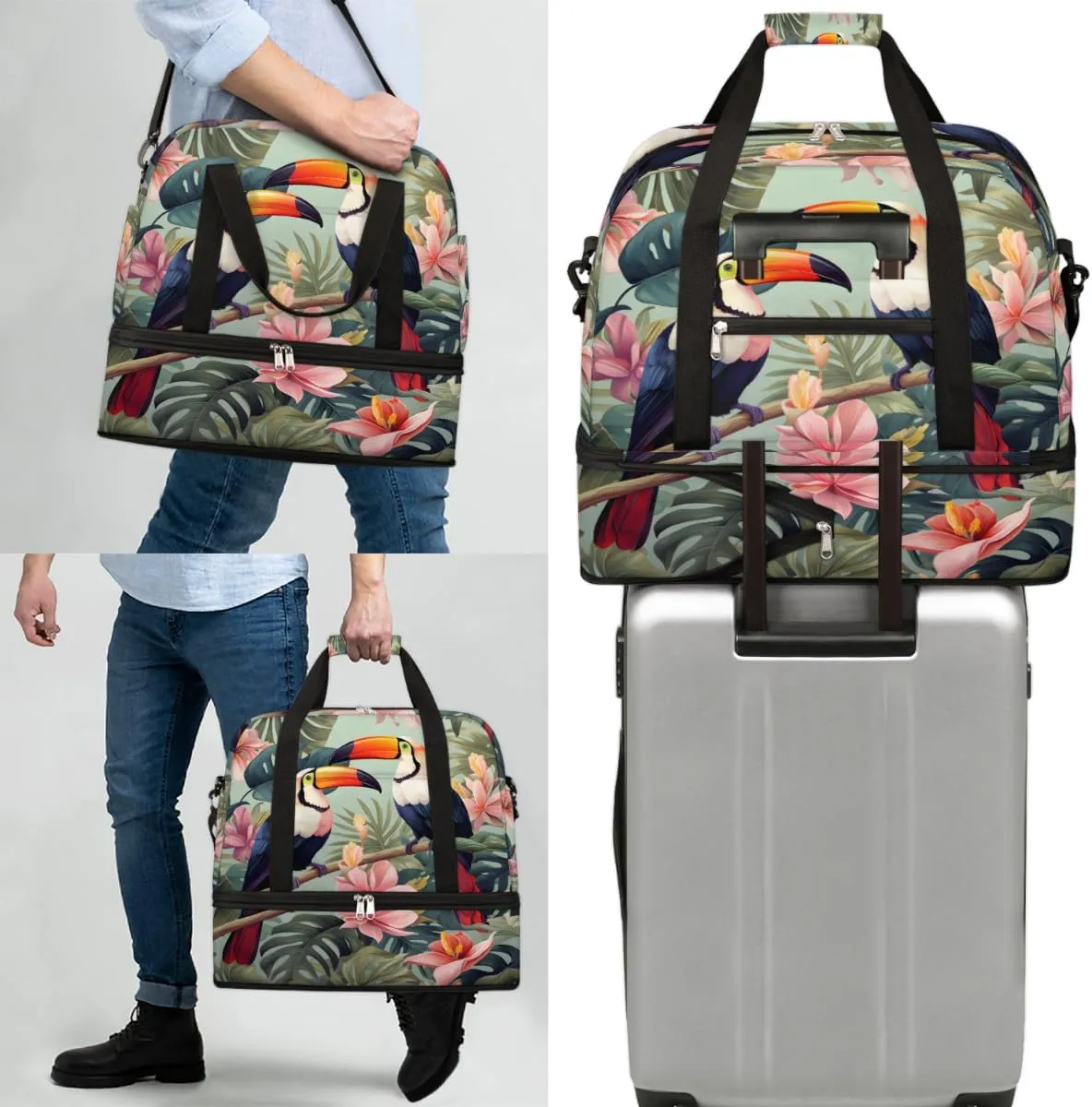 Tropical Birds Toucans Foldable Travel Duffel Bag Overnight Weekender Bag with Shoes Compartment Sports Gym Bag for Men Women