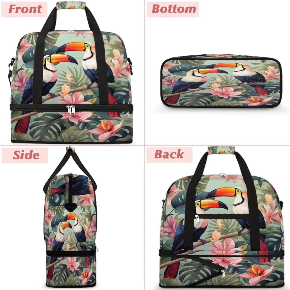 Tropical Birds Toucans Foldable Travel Duffel Bag Overnight Weekender Bag with Shoes Compartment Sports Gym Bag for Men Women