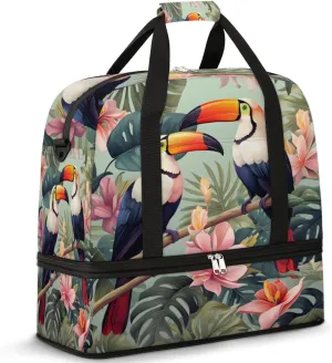 Tropical Birds Toucans Foldable Travel Duffel Bag Overnight Weekender Bag with Shoes Compartment Sports Gym Bag for Men Women