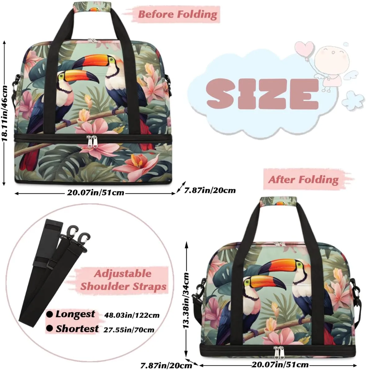 Tropical Birds Toucans Foldable Travel Duffel Bag Overnight Weekender Bag with Shoes Compartment Sports Gym Bag for Men Women