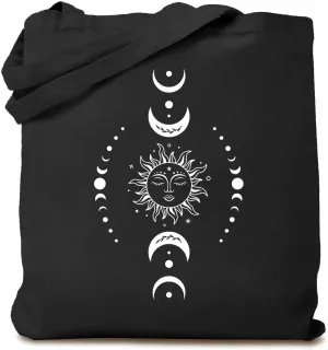 TSIIUO Women's Celestial Sun and Moon Boho Canvas Tote Bag Funny Moon Phase Lover Reusable Shopping Canvas Bag