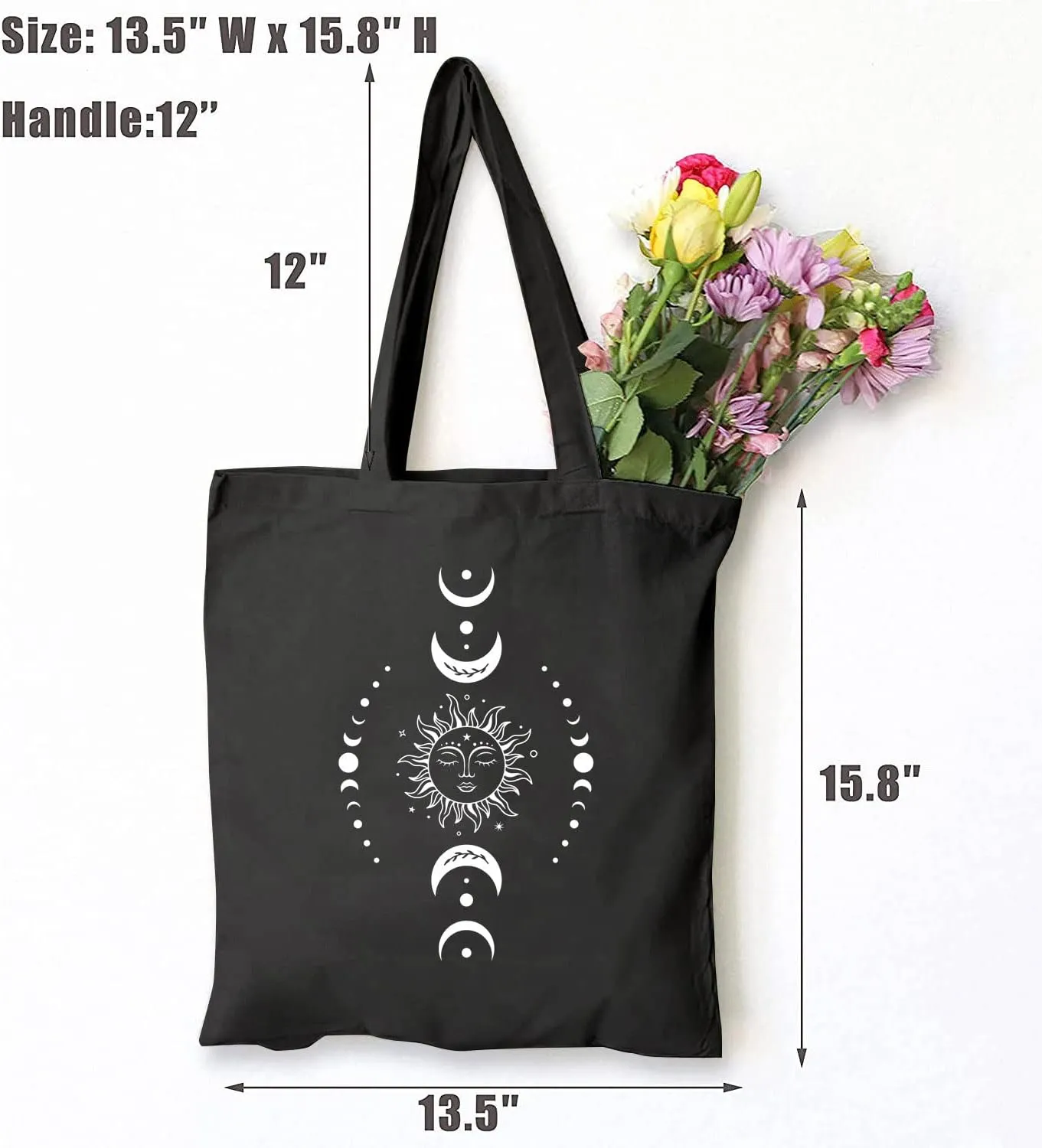 TSIIUO Women's Celestial Sun and Moon Boho Canvas Tote Bag Funny Moon Phase Lover Reusable Shopping Canvas Bag