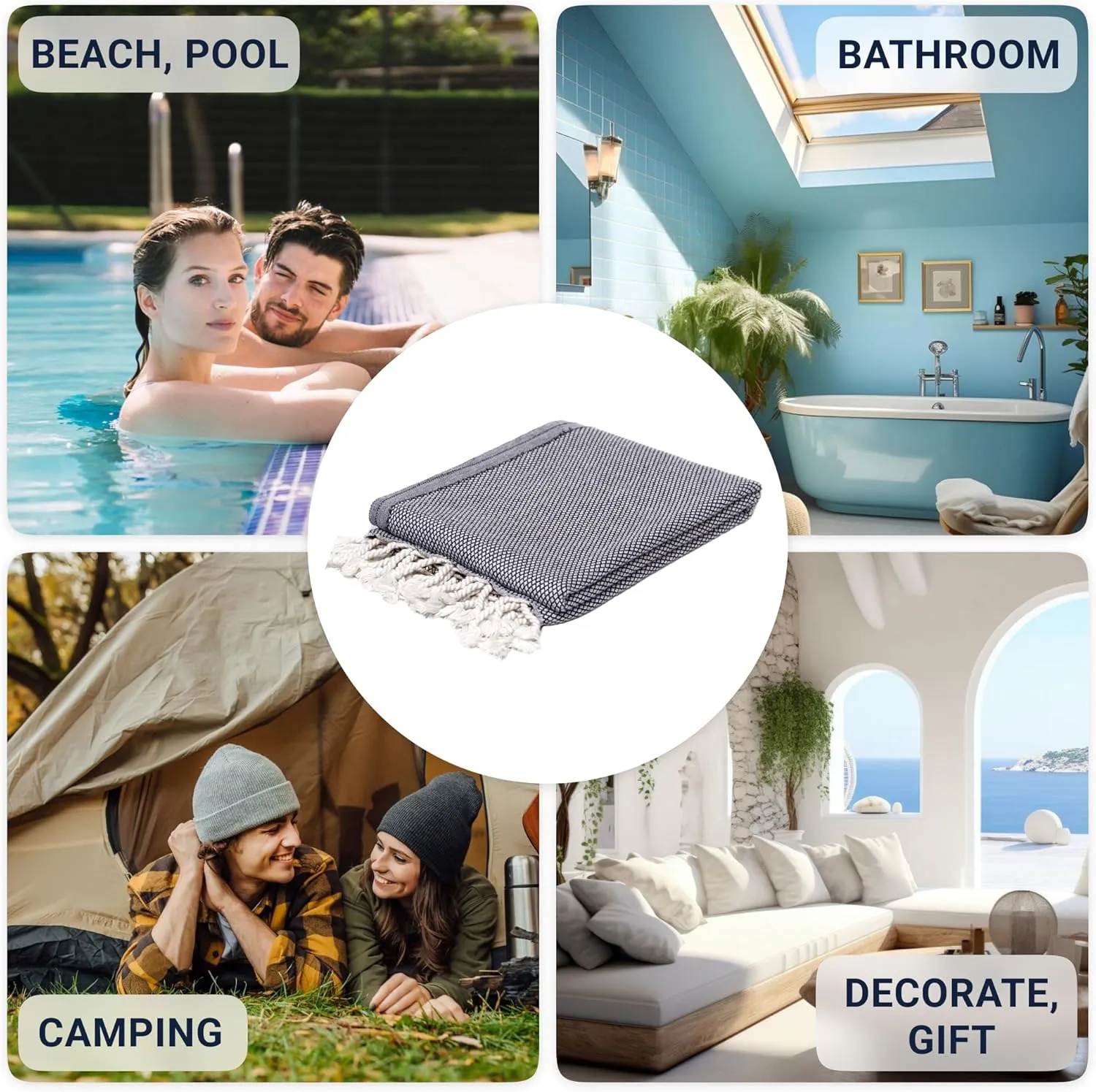 Turkish Beach Towel (69x35 Inches), Oversized 100% Cotton Bath Towels Lightweight Quick-Dry Beach Blanket for Travel, Picnic, Camping, Yoga and Pool(Black)