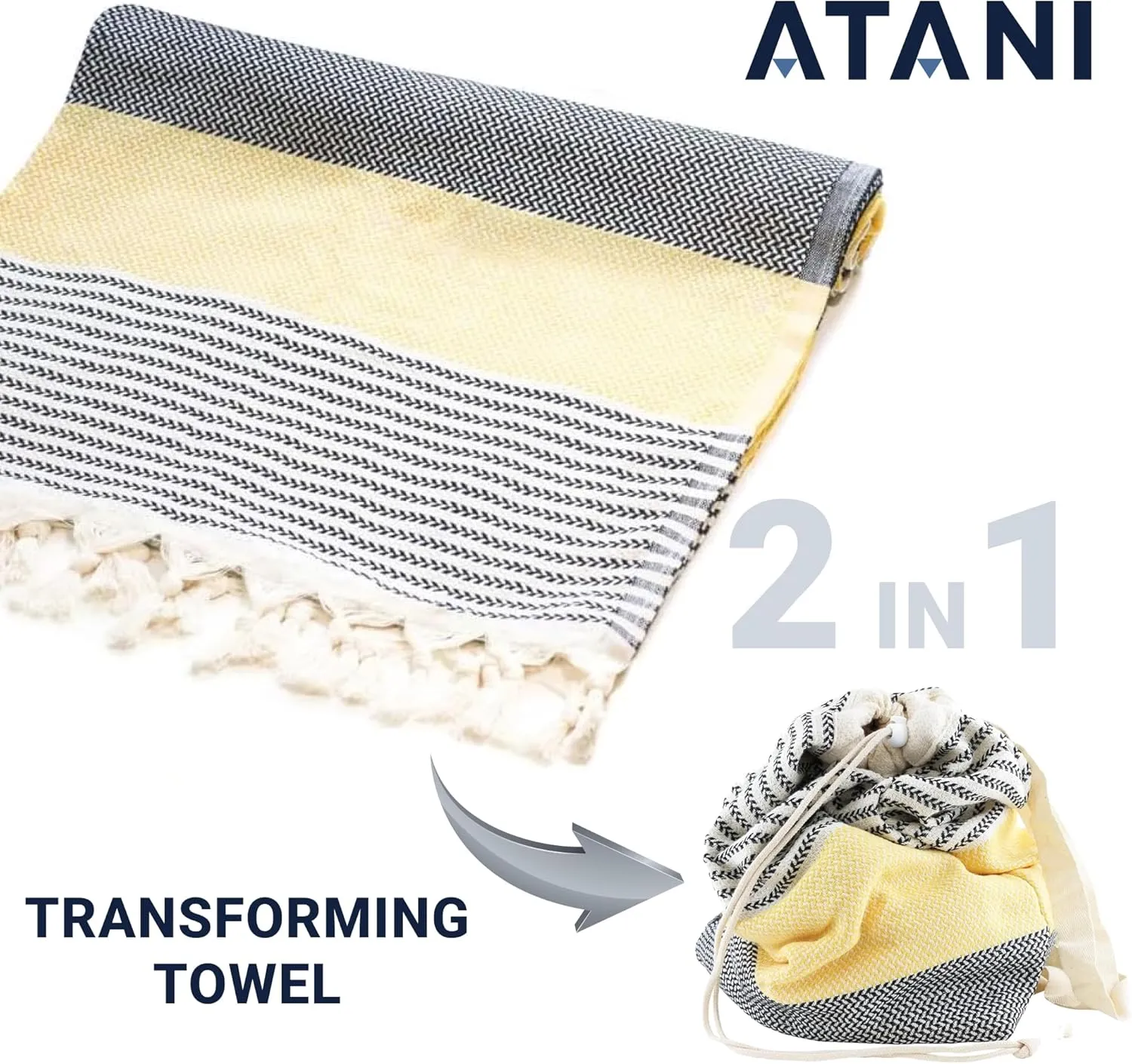 Turkish Beach Towel (71x39 Inches), Converts to a Bag, Oversized 100% Cotton Bath Towels Lightweight Quick-Dry Beach Blanket for Travel, Picnic, Camping, Yoga and Pool (Black x Yellow)