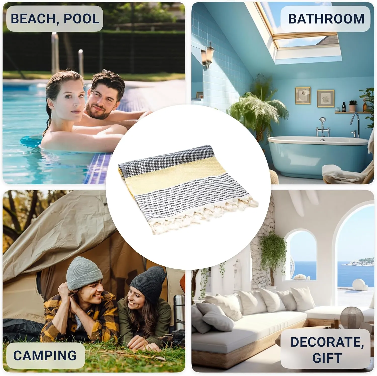 Turkish Beach Towel (71x39 Inches), Converts to a Bag, Oversized 100% Cotton Bath Towels Lightweight Quick-Dry Beach Blanket for Travel, Picnic, Camping, Yoga and Pool (Black x Yellow)