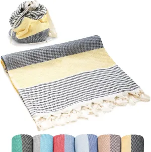 Turkish Beach Towel (71x39 Inches), Converts to a Bag, Oversized 100% Cotton Bath Towels Lightweight Quick-Dry Beach Blanket for Travel, Picnic, Camping, Yoga and Pool (Black x Yellow)