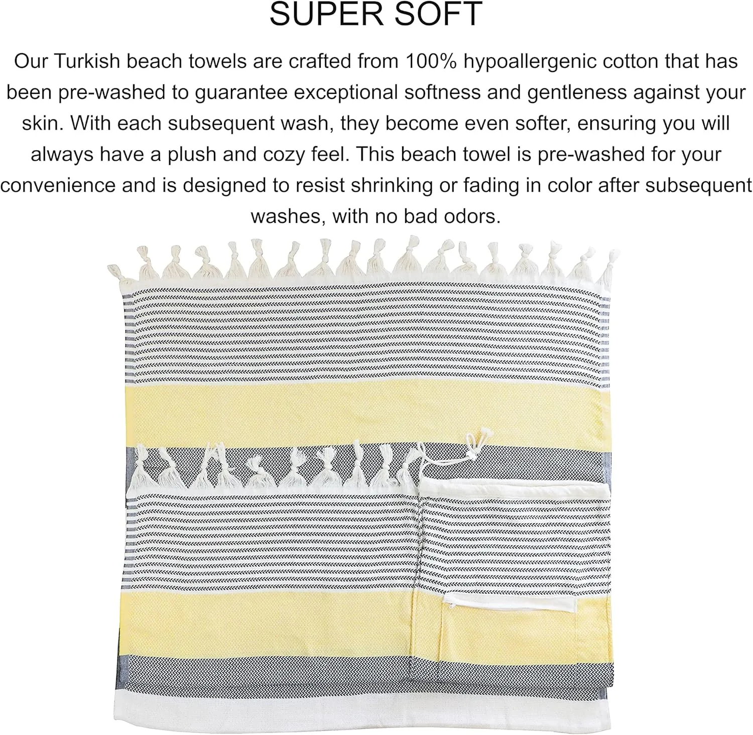 Turkish Beach Towel (71x39 Inches), Converts to a Bag, Oversized 100% Cotton Bath Towels Lightweight Quick-Dry Beach Blanket for Travel, Picnic, Camping, Yoga and Pool (Black x Yellow)