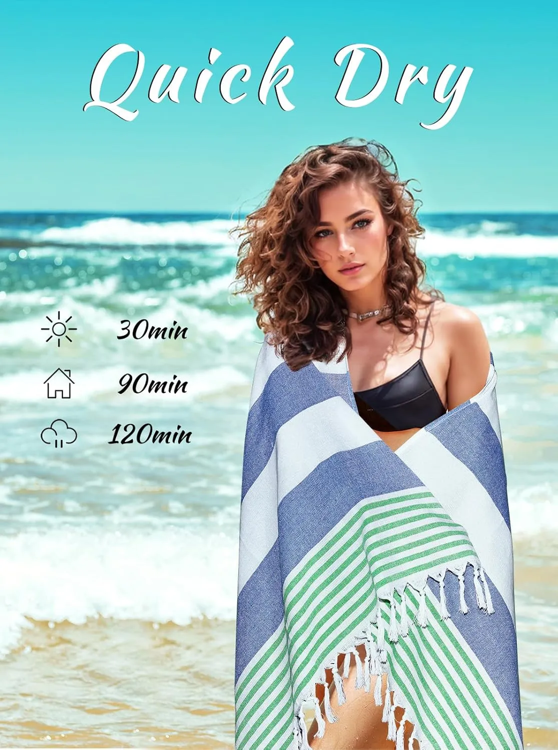 Turkish Beach Towel Oversized - 39"x71" Quick Dry Sand Free Thin Beach Towels for Adults,Extra Large Cotton Lightweigh Travel Towel for Beach Accessories (Blue Turquoise)