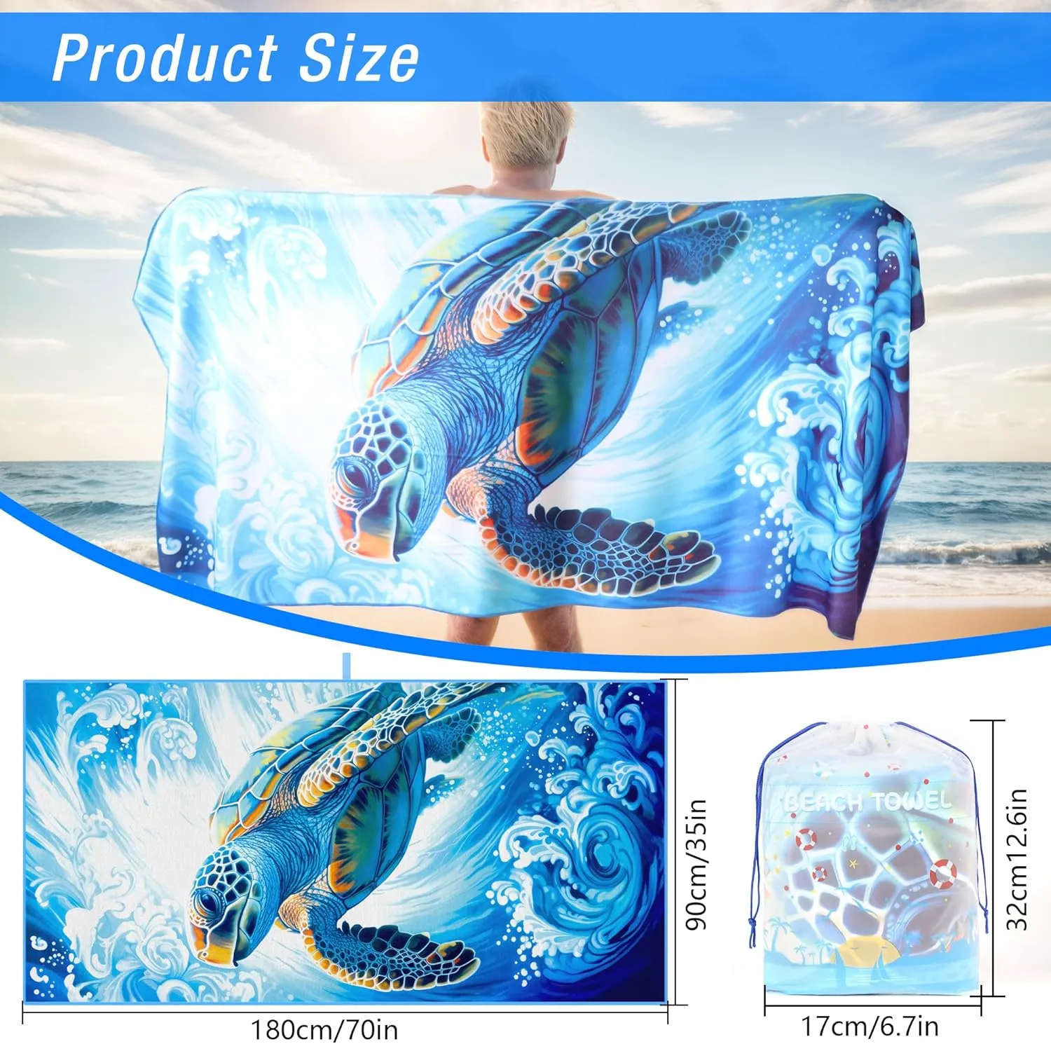 Turtle Beach Towel Oversized, Microfiber Beach Towels 71"x35" Extra Large Beach Towel Microfiber Pool Towels for Beach Essentials, Camping Essentials, Cruise Ship Essentials (Turtle)
